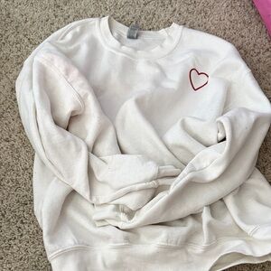 Gildan White Sweater with Red Heart Embroidery